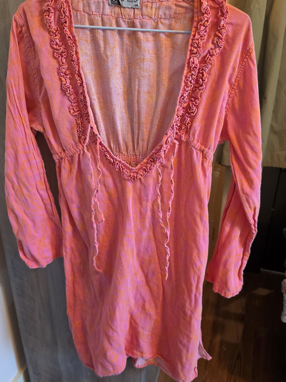 Mud Pie Pink Orange 100% Linen Ruffle-Trim Beach Coverup Resort Cruise